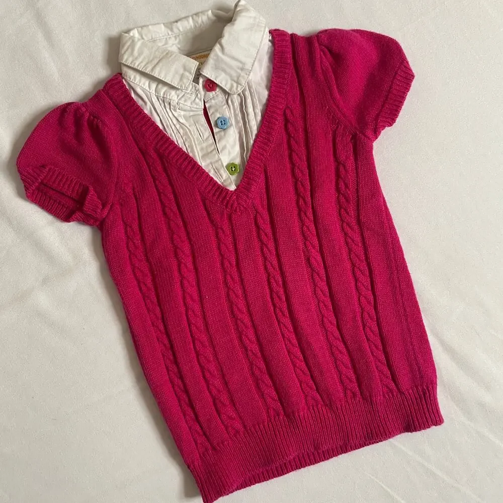 Gymboree Pink Cable Knit Sweater Vest w/ Attached Collar Sz XS 3/4